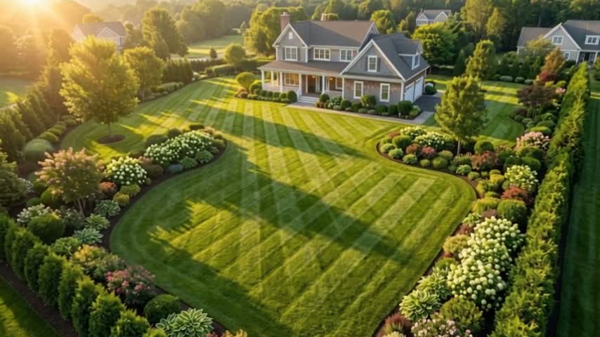 A striped lawn at golden hour in front of a house in Essex County
