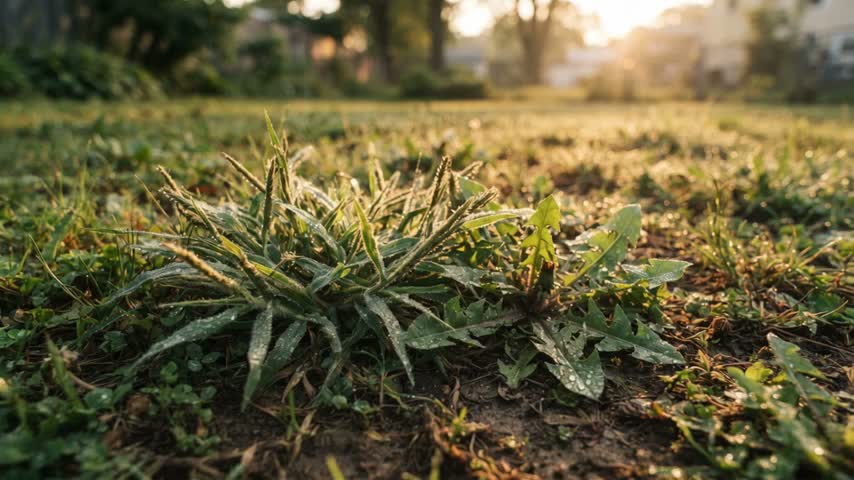 A dew-covered lawn at golden morning light